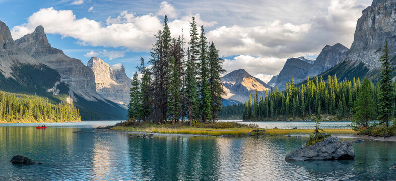 Canoe at Spirit Island on Maligne Lake in the Jasper National Park	