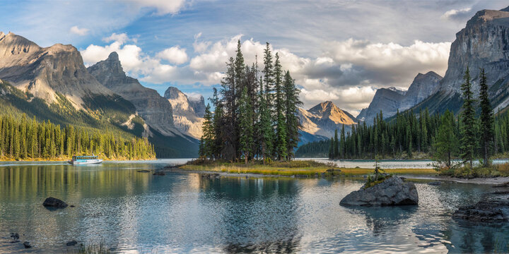 Panorama of Tour Boat at Spirit Island on Maligne Lake in the Jasper National Park	
