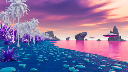 A surreal tropical beach with pink and purple hues and rocks on the shore and a serene ocean