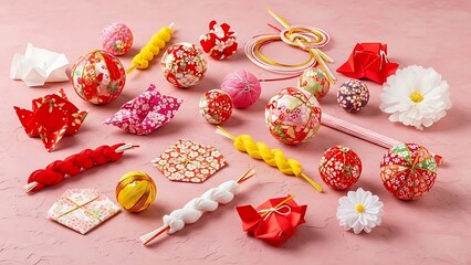 Traditional japanese new year decorations with temari balls and origami
