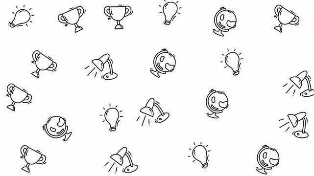lamp pattern, globes, bulbs, and trophies in black lines. Ideal for educational materials, presentations, decorations, and printables.