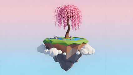 A pink weeping willow tree on a small floating island with green grass and white clouds in a blue and pink sky
