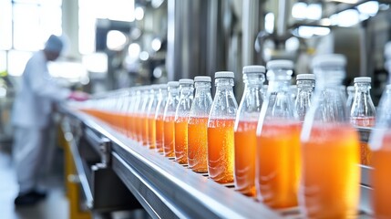 Bottles filled with orange beverage are moving along a production line in a factory, showcasing the manufacturing process and efficiency of beverage production