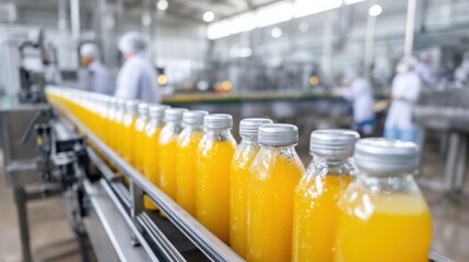 Bottles filled with orange juice moving along a production line in a factory, showcasing the manufacturing process and efficiency of beverage production