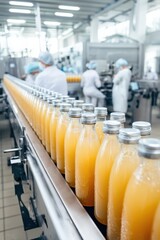 Bottles filled with orange juice moving along a production line in a factory, showcasing the manufacturing process and quality control in beverage production