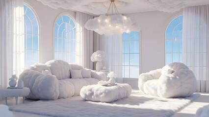 Modern living room interior with white fluffy furniture and arched windows showing a bright and airy atmosphere with natural light