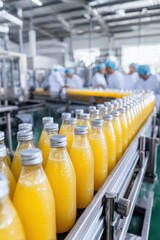 Bottles filled with orange juice on production line, showcasing industrial machinery and workers in white uniforms, emphasizing beverage manufacturing process and quality control