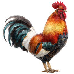 Realistic rooster standing proudly, realistic poultry multicolored feathers isolated white background