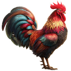 Realistic rooster standing proudly, realistic poultry multicolored feathers isolated white background