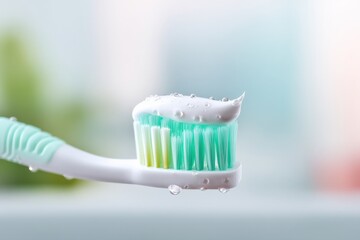 Toothbrush with toothpaste, featuring vibrant bristles and droplets of water, positioned against a blurred background, emphasizing dental hygiene and oral care concept