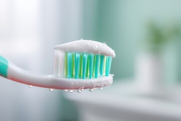 Toothbrush with foam and water droplets, showcasing vibrant bristles and a clean design, positioned against a soft-focus bathroom background, emphasizing dental hygiene concept