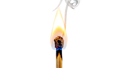 A close up of a burning match isolated on transparent background