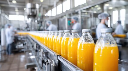 Bottles of fresh orange juice moving along a production line in a factory, showcasing the manufacturing process and quality control in beverage production
