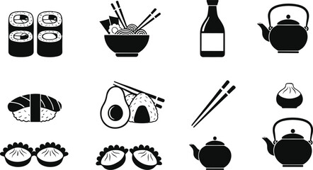 Black and white japanese food sushi rolls noodles bowl chopsticks