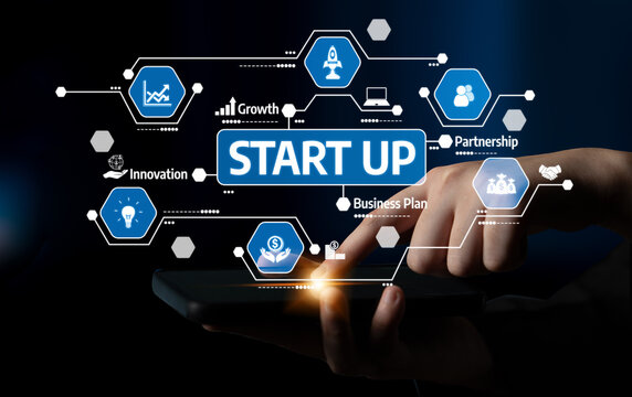 A visual representation of startup business concepts using a tablet. This image showcases various strategic icons relevant to growth and innovation in a tech-driven environment. Tessel - Powered by Adobe