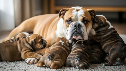 Obraz premium Different Dog breeds with puppies Bulldog