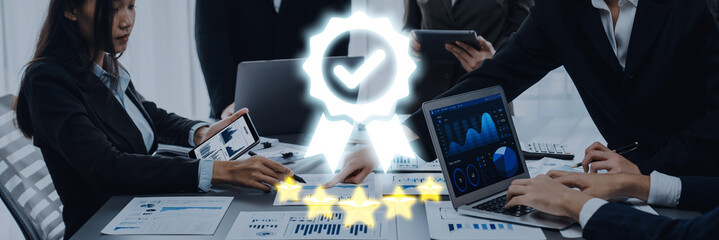 A modern business meeting takes place with diverse professionals engaged in financial analysis and strategy, showcasing teamwork and innovative technology in an office setting. Trope