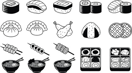 Black and white of various sushi and asian food rolls maki nigiri sashimi © Shamimara creative 