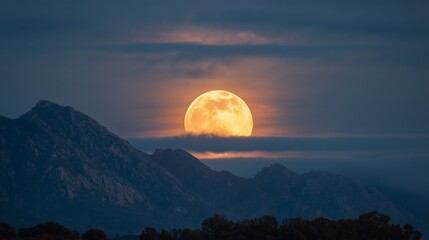 A dramatic and ethereal wide shot of a full moon in a warm, golden glow, majestically rising or setting behind a layer of soft, horizontal clouds. 