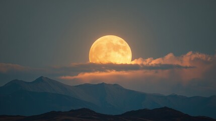 A dramatic and ethereal wide shot of a full moon in a warm, golden glow, majestically rising or setting behind a layer of soft, horizontal clouds. 