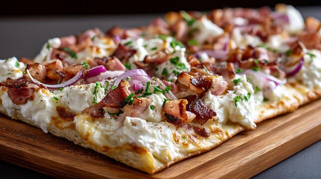 Flammkuchen, a traditional French tarte flamb?(C)e from Alsace, topped with cream cheese, bacon, and onions, ready to be served as a delicious savory treat.