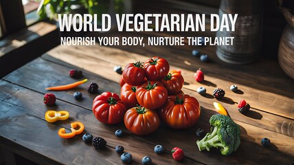 World vegetarian day concept with fresh vegetables healthy food and nature message
