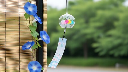 Beautiful wind chime hanging near morning glory flowers