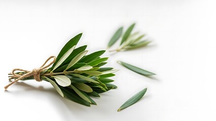 Fresh olive leaves tied together with twine on white background