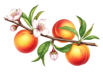 Detailed watercolor illustration of a peach tree branch with ripe yellow-orange peaches, delicate pink blossoms, and green leaves on a transparent background, serene still-life of spring bounty