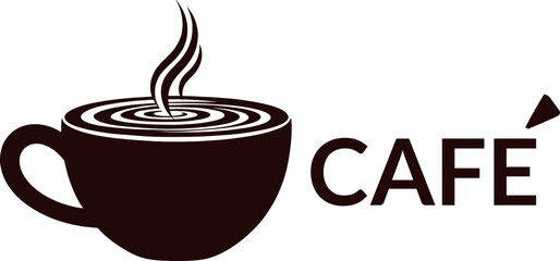 Black silhouette of a steaming cup of coffee with cafe text logo
