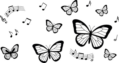 Black and white butterflies and music notes on a in a whimsical design