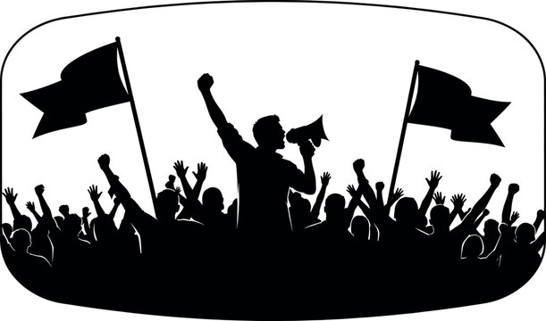 A black silhouette of a crowd of people protesting with flags and a megaphone