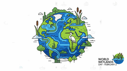 World Wetlands Day global awareness illustration featuring the Earth globe stylized with wetland ecosystems, a heron, cattails, and flowing rivers on an isolated white background.