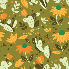 Seamless pattern with cactus in desert. Vector seamless texture for wallpapers, pattern fills, web page backgrounds. Vector illustration