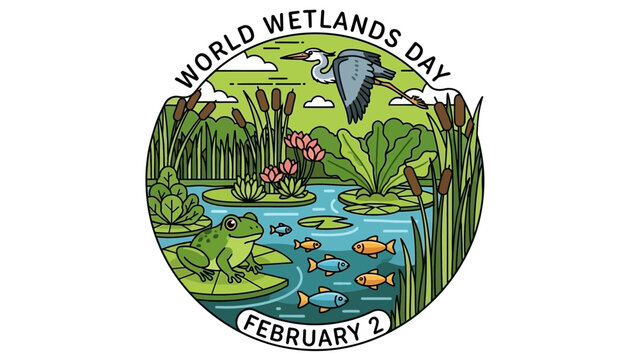 World Wetlands Day circular illustration featuring a vibrant wetland ecosystem with a heron, frog, fish, water lilies, and cattails on an isolated white background.