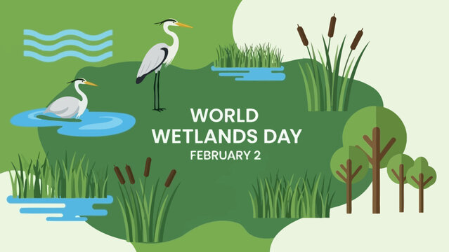 World Wetlands Day illustration featuring two herons in a calm pond with cattails and stylized trees in a vibrant green landscape.