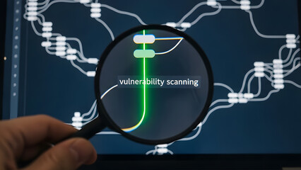 Escaneo de vulnerabilidades de ciberseguridad en diagrama de infraestructura de red con lupa para riesgos. Auditoría de TI y análisis de seguridad de red buscando debilidades del sistema y prevención