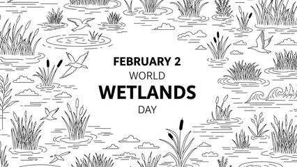 Black and White Seamless Pattern of Wetland with Ducks, Birds, and Aquatic Plants, World Wetlands Day, isolated white background.