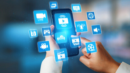 Multimedia technology with video, audio, photo and streaming icons representing digital media,...