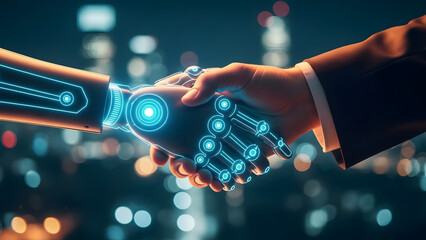 Human and android handshake illustrating the future of work and ethical AI integration. Man-machine interaction concept with glowing blue circuits and city bokeh background.