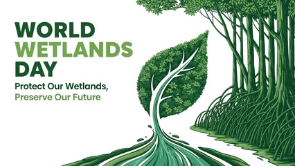 World Wetlands Day Forest and Leaf Path Design with "Protect Our Wetlands, Preserve Our Future" Message
