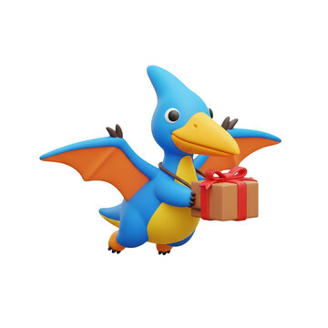 A vibrant blue and yellow cartoon dragon holding a gift box with a red ribbon, set against a clean white background