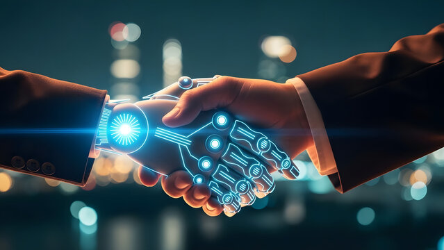 Primer plano de brazo rob&oacute;tico bi&oacute;nico estrechando mano con humano representando el futuro del trabajo y la automatizaci&oacute;n en la revoluci&oacute;n industrial 4.0