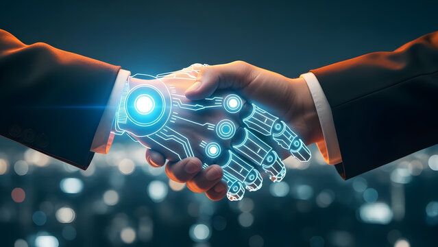 Manos de humano y robot estrech&aacute;ndose para colaboraci&oacute;n en inteligencia artificial y asociaci&oacute;n empresarial en la era de la transformaci&oacute;n digital