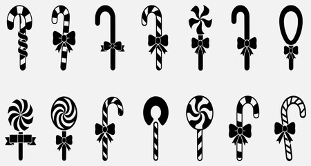 Collection of assorted candy canes and sweets in black illustrations on white background