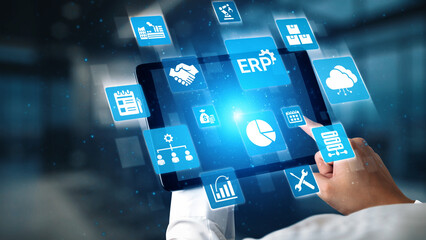 ERP icons show management, integration, and business process. ERP supports data management, ERP efficiency, and ERP organizational solutions. Gist