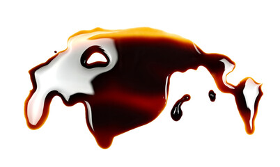 Spilled soy sauce, isolated on white background, top view