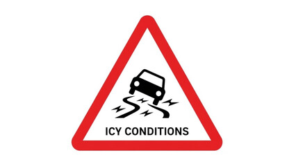 Warning sign for icy road conditions with a car losing traction