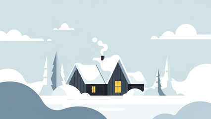 Cozy snow covered house with warm yellow lights in winter landscape