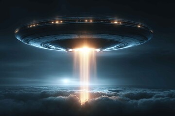 retro flying saucer emitting bright beam of light from bottom